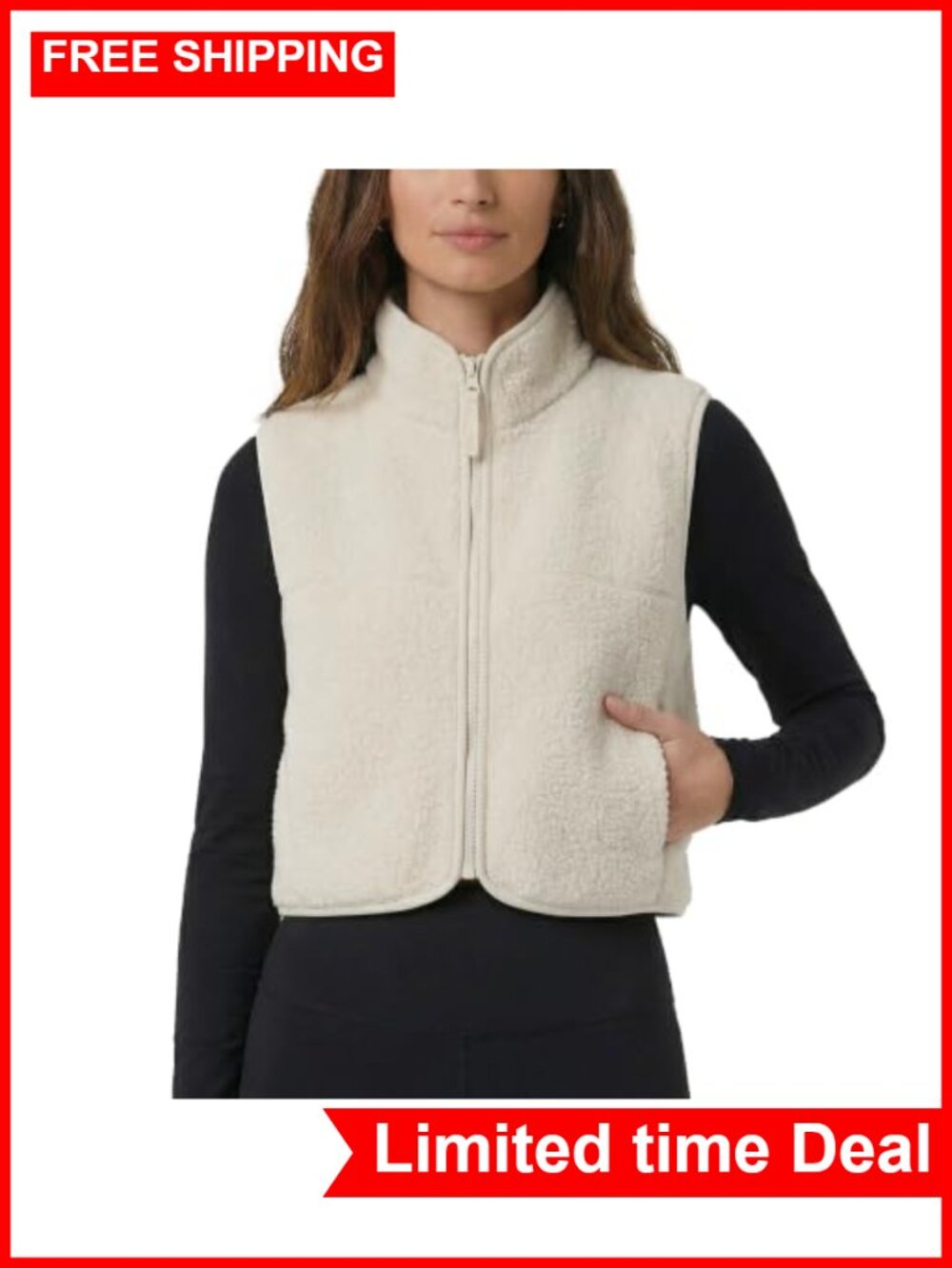 Womens Fleece Vest Fuzzy Zip Up Cropped Sherpa Jacket with Pockets